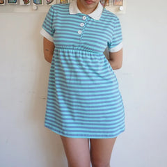 Cyflymder  Women Y2K Striped Mini Pol o Dress Short Sleeve Teal Grey Stripe Peter Pan Collar Nurse Style Retro Fairycore Dress Summer