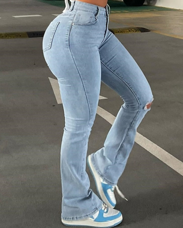 Cyflymder Flare Stretch Jeans High Waist Loose Comfortable Ripped Jeans Women Pants Sexy Fashion Boyfriend Denim Pencil Pant Trousers