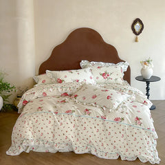Cyflymder  Rustic Vintage French Rose Floral Ruffles 100% Cotton Bedding Set Duvet Cover Set Flat/Fitted Bed Sheet Pillowcases 4Pcs