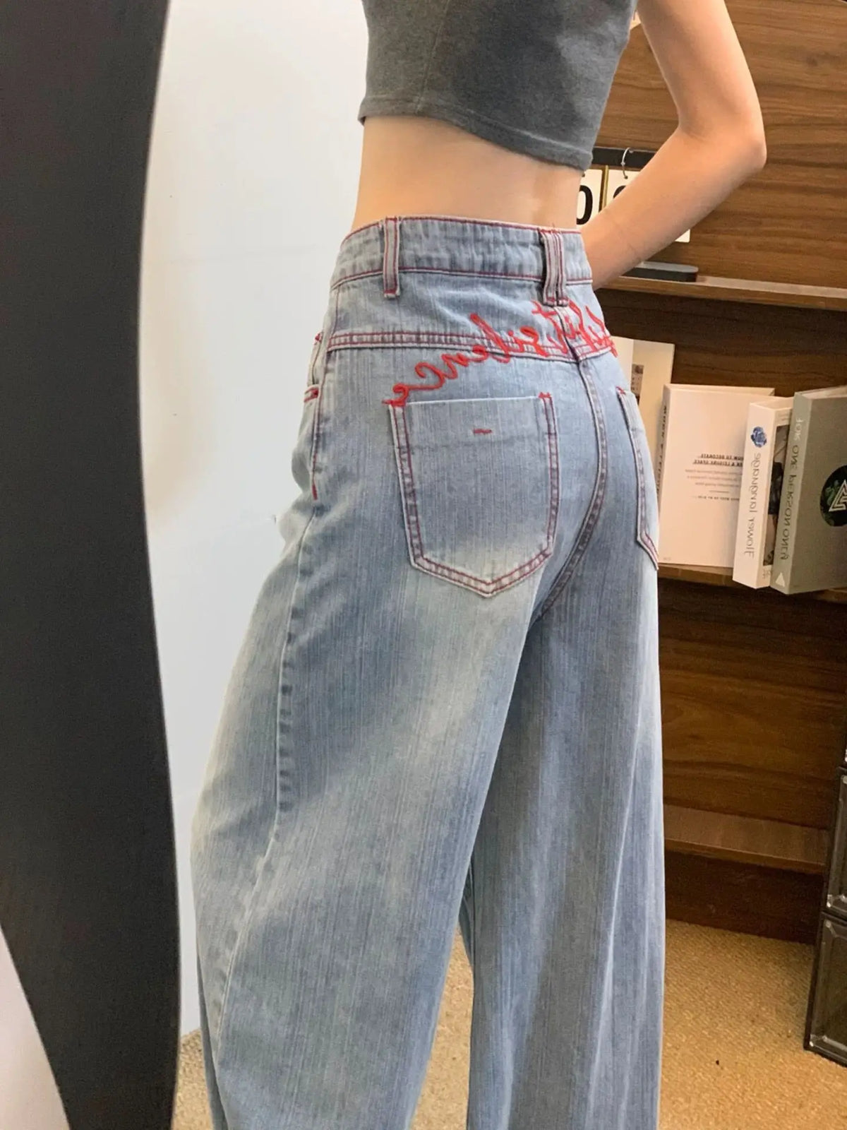 Cyflymder  Y2K Light Blue Embroidered Wide Leg Jeans High Waisted Loose Curved Knife Pants for Women Spring Summer