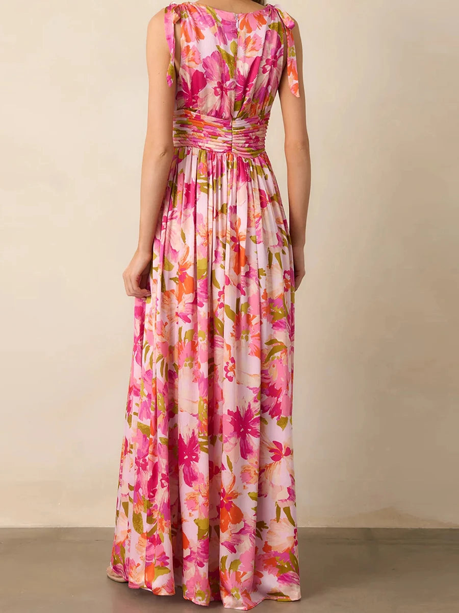 Cyflymder  Elegant Maxi Dress with Boho Floral Print Stylish V-Neckline and Chic Tie-Up Shoulder Detail Perfect for Summer Casual Wear