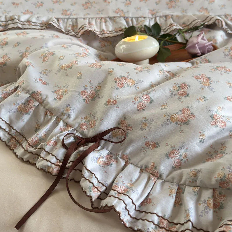 Cyflymder  100% Cotton Pastoral Floral Print Ruffles Bow Princess Bedding Set Queen King Duvet Cover Set Bed Sheet/Fitted Sheet Pillowcases