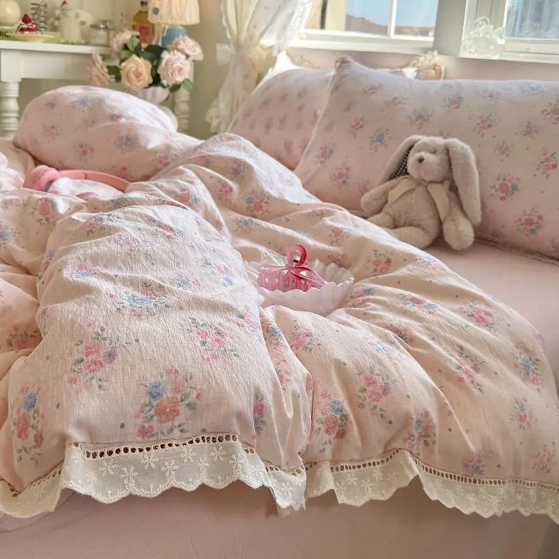 Cyflymder  Korean Style Girly Heart Floral Double Layer Gauze Four-Piece Set Princess Style Lace Trim Quilt Cover Bed Sheet Dormitory