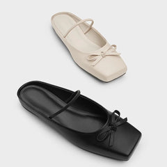 Cyflymder   Summer Elegant Black Square Toe Ballet Flats Shoes Women Butterfly Knot Slip On Comfy Walking Mules Shoes Outdoor Slides