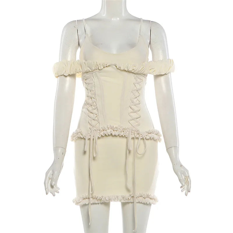 Cyflymder  Lace Up Ribbon Stripe Print Strapless Bodycon Mini Dress Women Fashion Sexy Sleeveless Backless Patchwork Wrap Hip Slim Clubwear