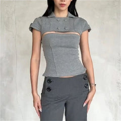 Cyflymder  Retro Sexy 2-in-1 Top Duet Top Fog Removable Shrug Fitted Tank Y2K American Trendy Gothic Summer Niche Design Woman Streetwear