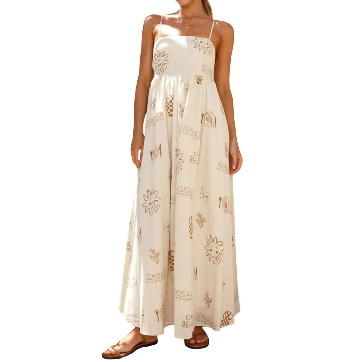 Cyflymder  Women Fashion Boho Spaghetti Strap Dress Floral Print Square-Neck Back Cutout Long Dress Beach Vacation Flowy Dress