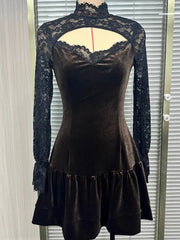 Cyflymder  Spring Autumn Long Sleeve Elegant Velvet Lace Mini Dress Women's Clothing Casual Party Work Evening Office Lady Dresses