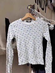 Cyflymder  Blue Floral T-shirts Women Spring Casual Streetwear Cotton Crew Neck Long Sleeve Tees Sweet Vintage Chic Preppy Style Shirts