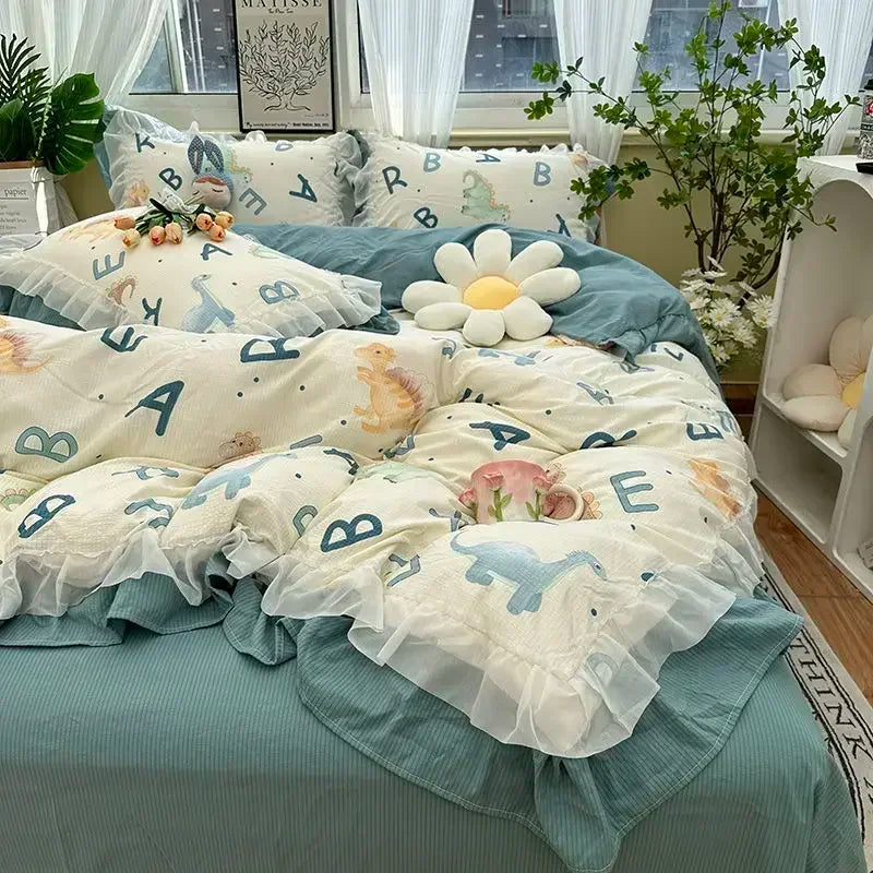 Cyflymder  Romantic French Flowers Lace Ruffles Bedding Set Washed Cotton Duvet Cover Bed Flat Sheet Pillowcases Girls Couple Bed Linens