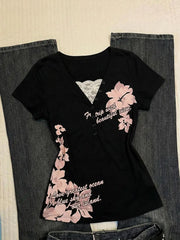 Cyflymder  Retro T-shirt Woman Clothing Y2k Letter Print Goth Punk V-Neck Aesthetic Harajuku 2000s Lace fake 2Piece High Street Grunge Tees