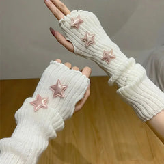 Cyflymder  y2K Star Fingerless Long Wrist Gloves Arm Warmers False Sleeves Knitted Gloves Hand Sleeves Cover Black White Half Finger Gloves