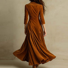 Cyflymder  Women British Velvet Satin Elegant Dress Solid Lapel High Waist Temperament Autumn Dress High Street A-Line Fashion Maxi Dresses