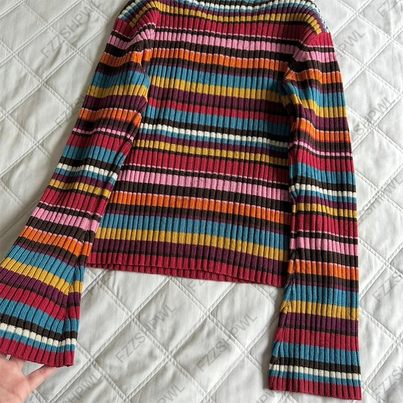 Cyflymder  Harajuku Womens Sweater Y2K Street Style Color Stripes Fashion Retro Aesthetic Grunge Emotional Girls V-Neck Sexy Casual Sweater