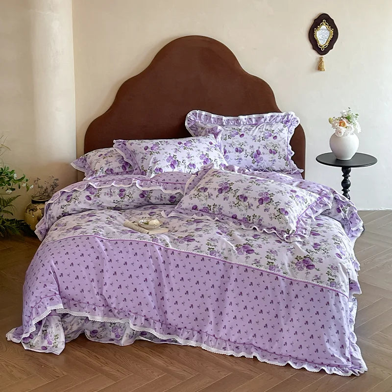 Cyflymder  Rustic Vintage French Rose Floral Ruffles 100% Cotton Bedding Set Duvet Cover Set Flat/Fitted Bed Sheet Pillowcases 4Pcs
