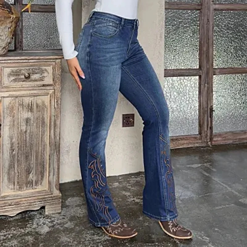 Cyflymder  Elegant Country Wear| Distressed High Waisted Flared Cowgirl Outfit -Printing with Golden Studs, Casual Vintage Jeans   T46