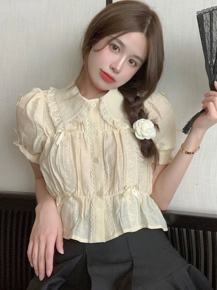 Cyflymder Sweet Blouses Women Lolita Style Kawaii Bow Puff Short Sleeve Crop Tops Girls French Lace Peter Pan Collar Shirt Summer Clothes