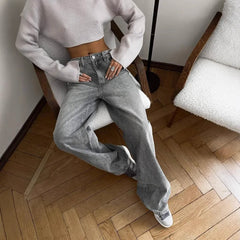 Cyflymder  American-style Retro Grey Washed Distressed Denim Wide-leg High-waisted Loose-fitting Floor-length Casual Pants for Women