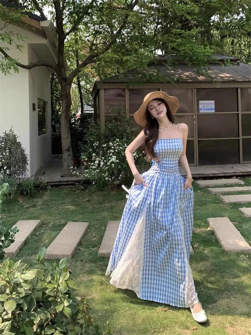 Cyflymder  Korean Style Blue Plaid Lace Halter Dress Women Summer 2025 Sweet Beach Vacation Maxi Skirt Long Dress One Shoulder Sleeveless