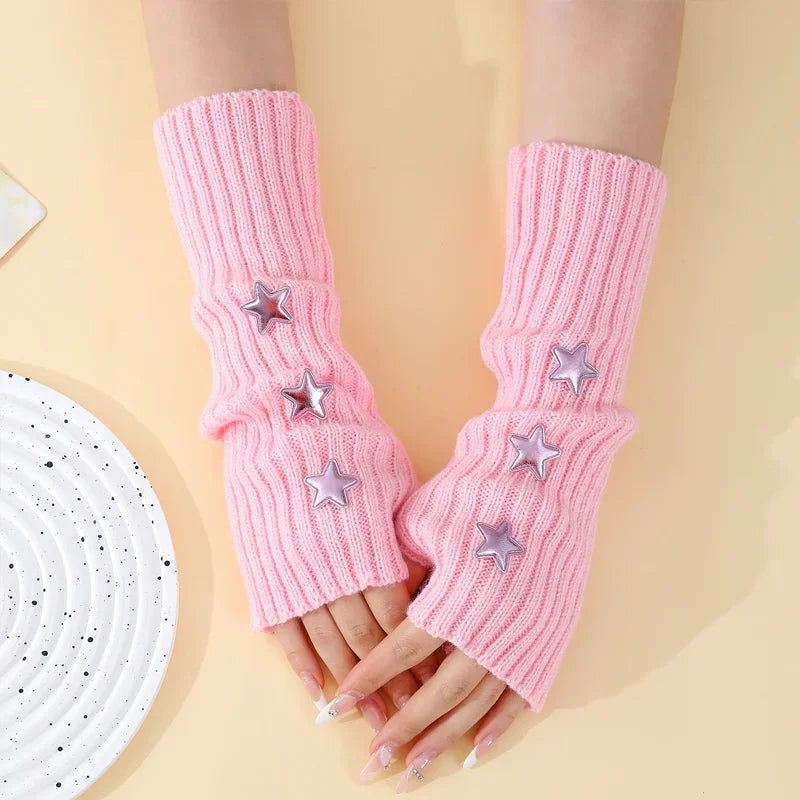 Cyflymder  y2K Star Fingerless Long Wrist Gloves Arm Warmers False Sleeves Knitted Gloves Hand Sleeves Cover Black White Half Finger Gloves