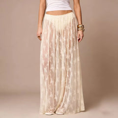 Cyflymder  Womens Sexy Sheer Lace Skirt High Waisted Floral Embroidered See Through Ruffled A Line Long Maxi Long Beach Coverup Skirts