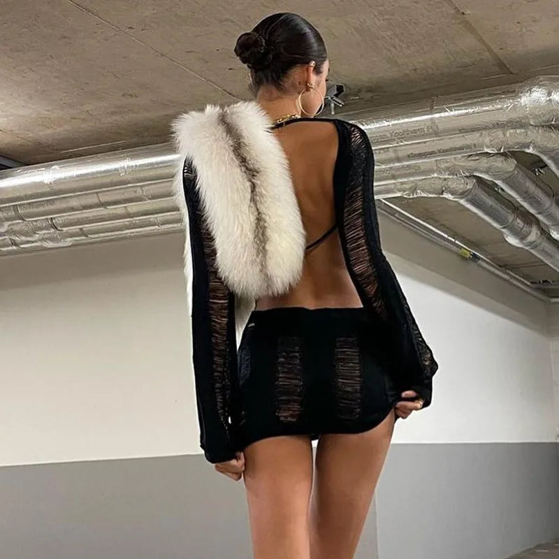 Cyflymder  Sexy Women Backless Knitted Mini Dress Crochet Knit Hollow Out Sundress Long Sleeve Drawstring Tie Up Dress Beach Clubwear Dress