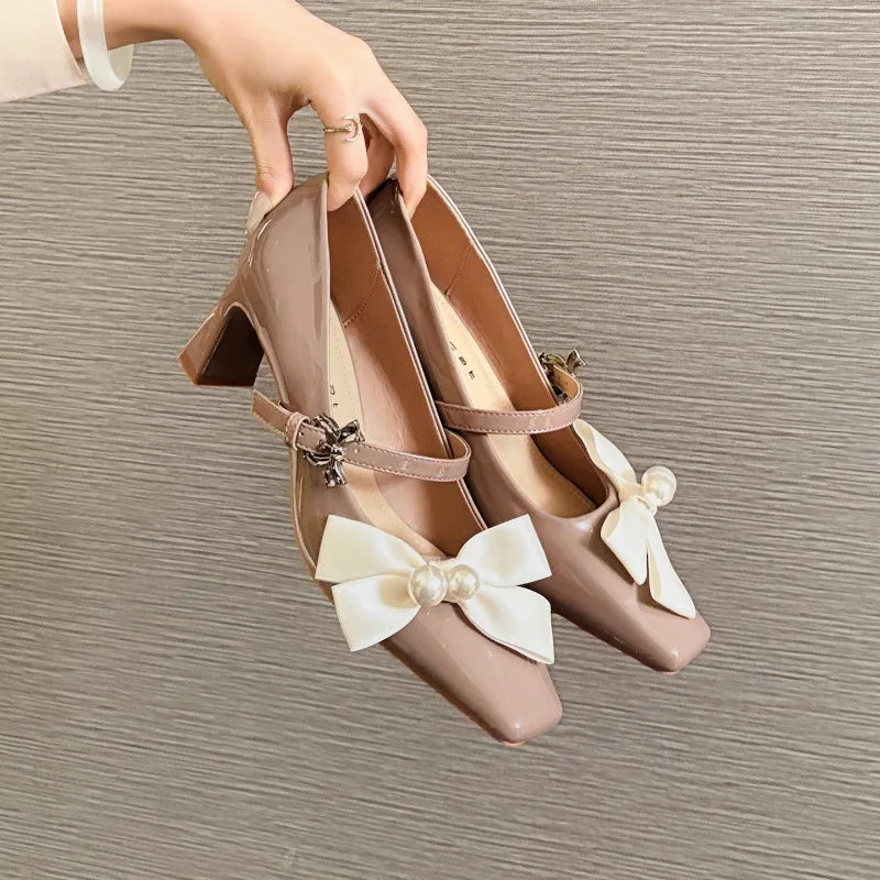 Cyflymder  Sweet Bow Square Toe Chunky Heel Women Pumps Fashion Buckle Elegant Dress Mary Jane Shoe Ladies Luxury Wedding Bridal High Heels