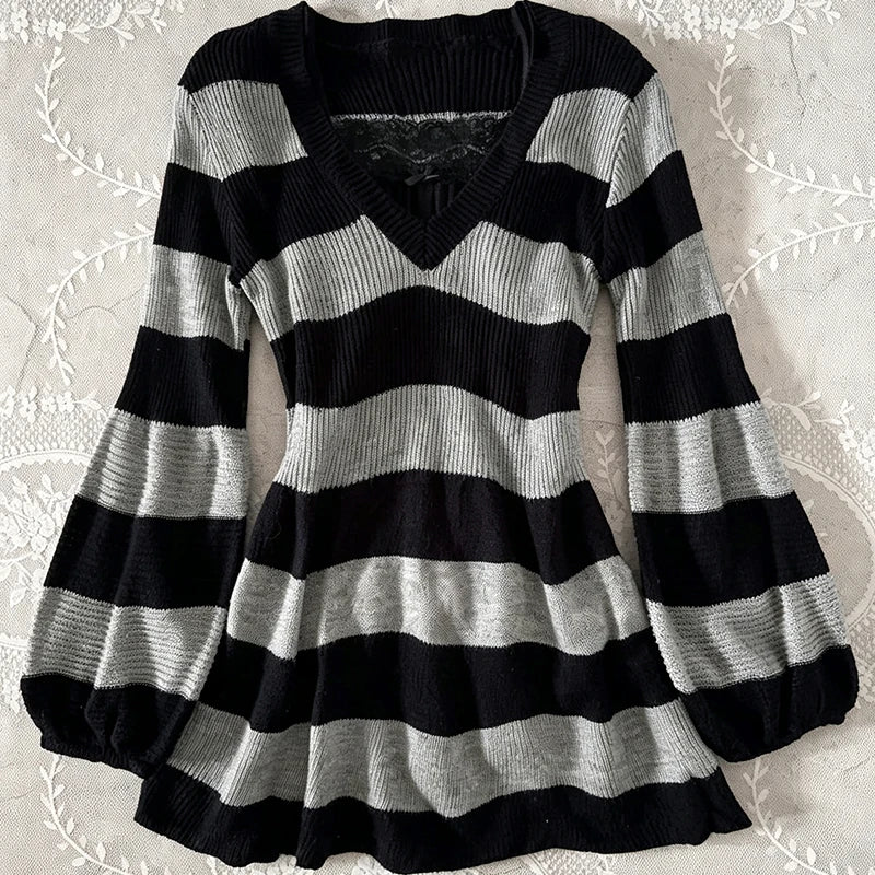 Cyflymder  Women Y2K Black Grey Striped Knit Sweater V‑Neck Flare Long Sleeve Lace Splice Peplum Hem Vintage Casual Slim‑Fit Top