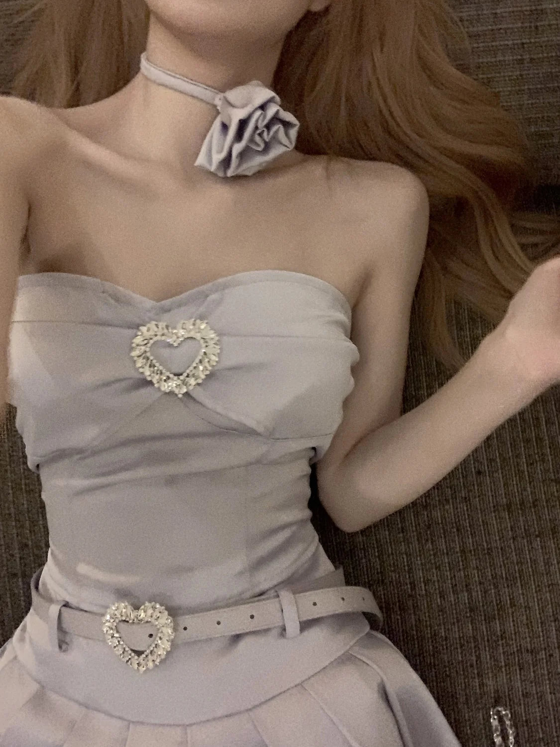 Cyflymder  Summer Korean Style Fashion Set Sleeveless Strapless Backless Top Heart Flower Design Top+Pleated Solid Mini Skirts Two Pieces