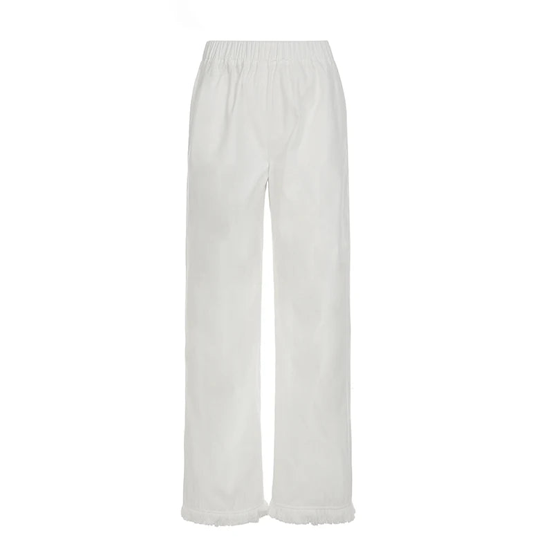 Cyflymder   Casual White Basic Elastics Waist Fringed Woven Pants Women All Match Commuting Style Straight Full Length Trousers Fashion New