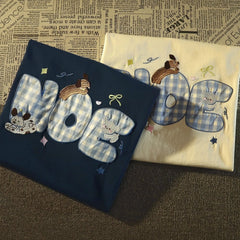 Cyflymder   American Sle Plaid Embroidery Dog Pure Cotton ort Sve T-irt Women Summer Loose Korean Lazy Sle INS Age Reduction