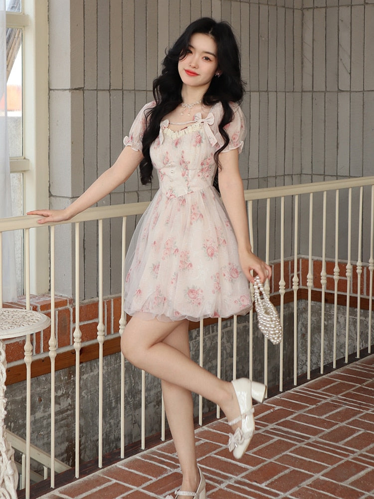Cyflymder Floral Sweet Fairy Bodycon Dresses for Women Elegant Party Print French Female Korean Fashion Cute Mini Dress Summer 2023 Pink