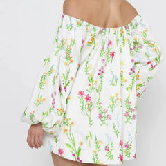 Cyflymder  Summer Fashion Floral Print Draped Short Dress Casual Long Sleeve Loose Party Dress Women Sexy Off Shoulder Vacation Mini Dress