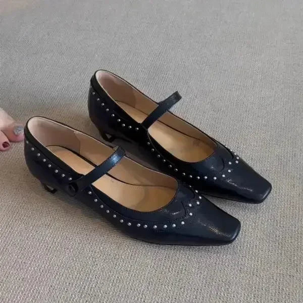 Cyflymder  Low Heels Shoes Woman Flats Shallow Mouth Rivets Studs Female Moccasin Dress Retro Genuine Leather Rubber   Janes