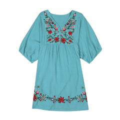 Cyflymder  Ethnic Style Floral Embroidered Summer Dress Women's Half Sleeve Sheer Thin V-Neck Short Dress Fashion Casual Bohemian Dress
