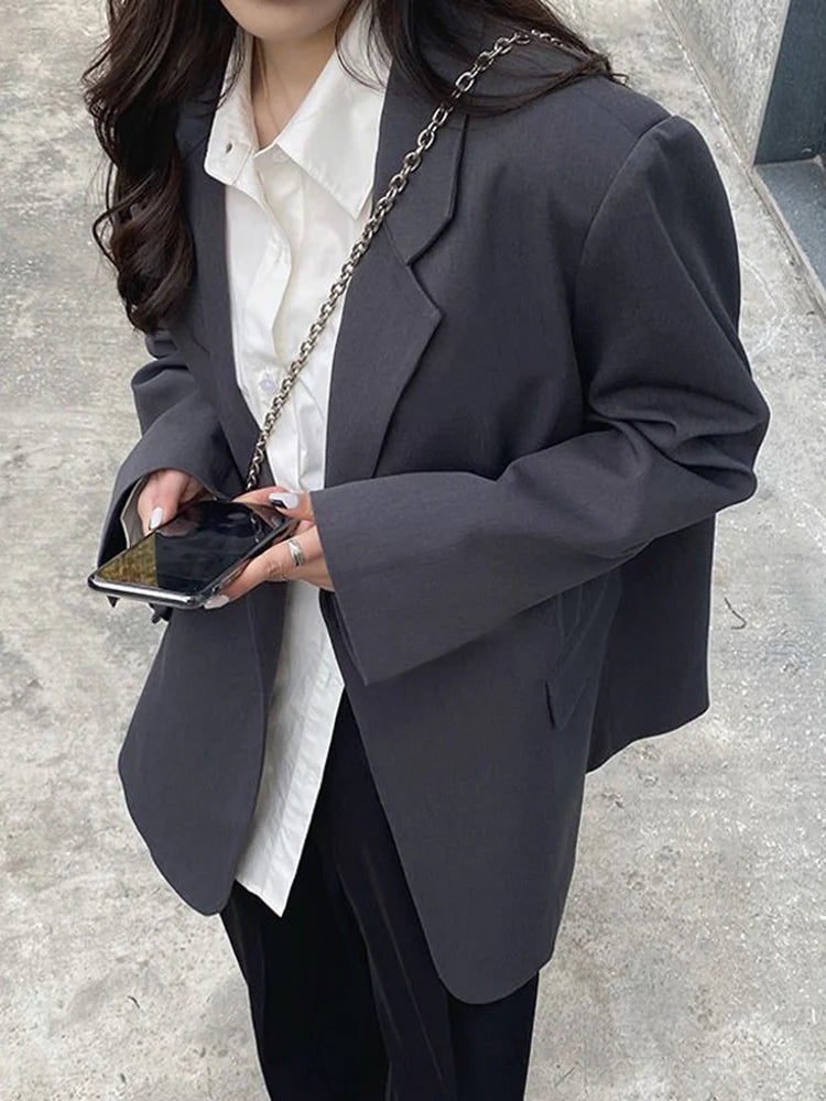 Cyflymder  Harajuku Grey Blazer Coat Women Korean Loose Single Buttons Jacket Preppy Style Casual Long Sleeve Lady Simple Spring Coat