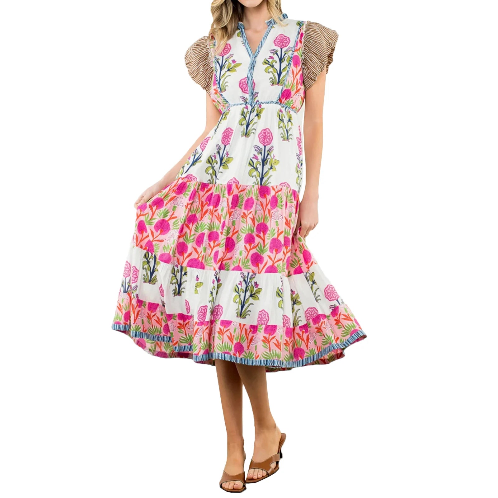 Cyflymder  Floral Print Long Dress y2k Women's V Neck Flying Sleeve Flowy A Line Dress Vacation Beach Party Dresses Streetwear