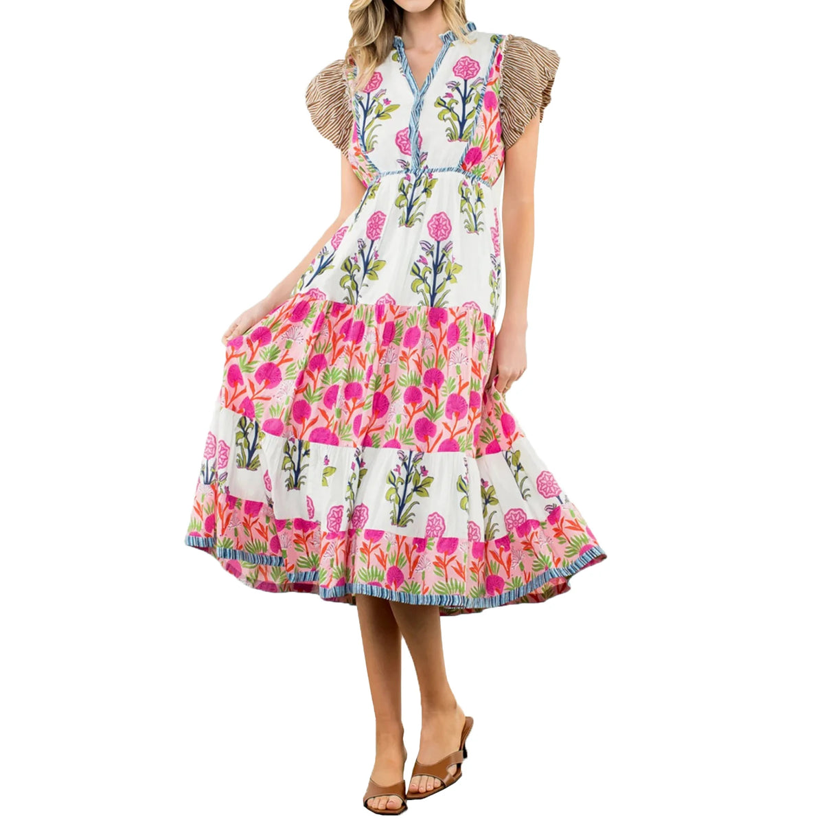 Cyflymder  Floral Print Long Dress y2k Women's V Neck Flying Sleeve Flowy A Line Dress Vacation Beach Party Dresses Streetwear