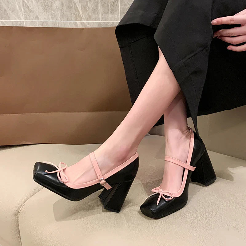 Cyflymder  Square Toe Fashionable and Elegant Mary Jane Shoes with Bow Decoration Thick Heel Comfortable Sexy Party Shoes for Women