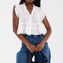 Cyflymder  Women's Ruffle V Neck Babydoll Tank Top, Semi Sheer Lace Flowy Peplum Top, Boho Eyelet Button Down Crop Shirt Summer