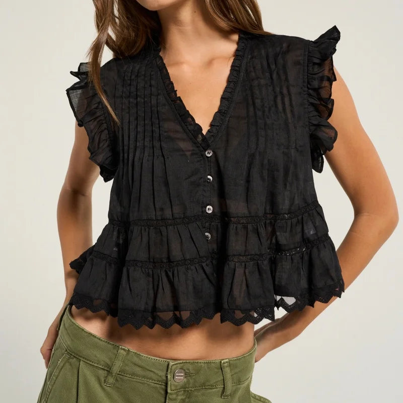 Cyflymder  Women's Ruffle V Neck Babydoll Tank Top, Semi Sheer Lace Flowy Peplum Top, Boho Eyelet Button Down Crop Shirt Summer
