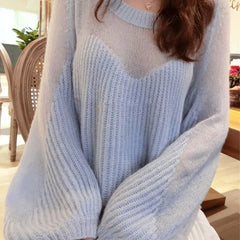 Cyflymder  Lazy Style Knitted Sweater Women Autumn Winter Loose Hollow Out Lantern Sleeve Pullover