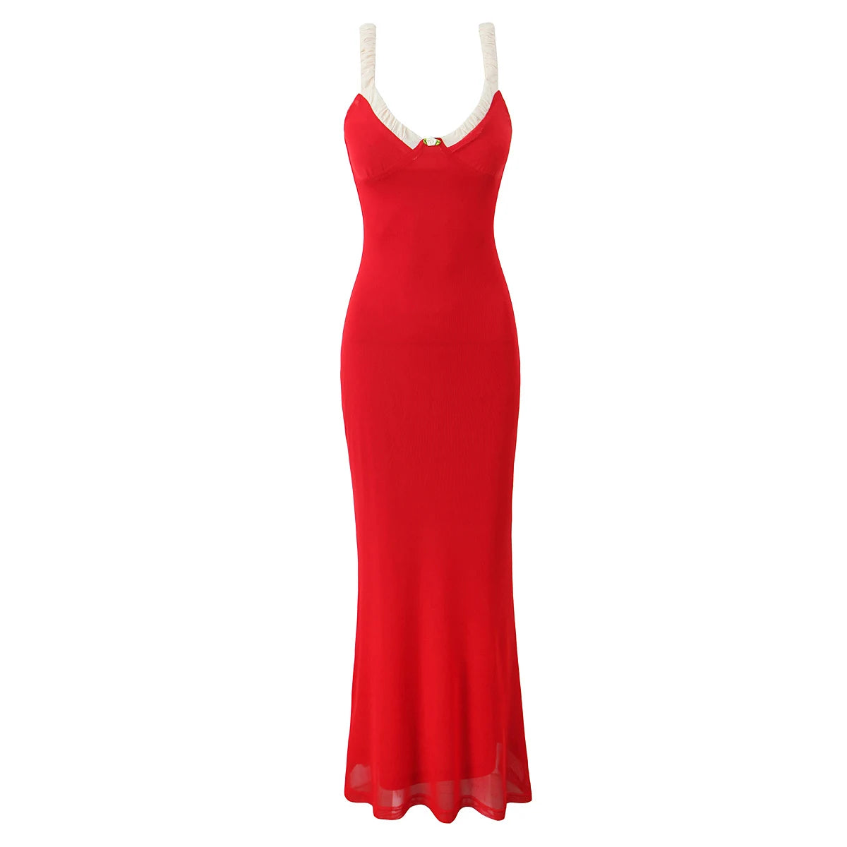 Cyflymder  V Neck Spaghetti Strap Red Party Women's Dress Flower Decor Elegant Sleeveless Bodycon Maxi Vestidos Beach Casual Long Robe