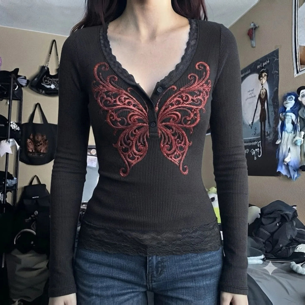 Cyflymder   Y2K Asian‑Inspired Print Fake Two‑Piece T-shirts Fashion Lace Splicing Color‑Blocked Long Sleeve Top Tees Autumn Versatile Top
