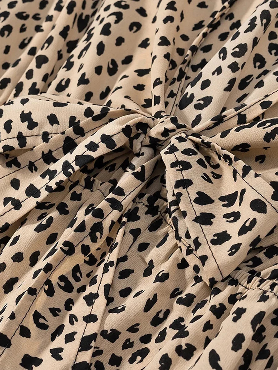 Cyflymder  French Sexy Leopard Printed Dress for Women V Neck Half Sleeve Spliced Lace Up Slim Temperament Dresses Female New