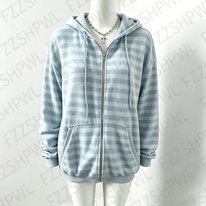 Cyflymder  Sweatshirt Y2K Women Long Sleeve Clothing Stripes Preppy Playful Oversized Zip Hoodies Cute Sweet Hooded Lovely Cheery Surcoat