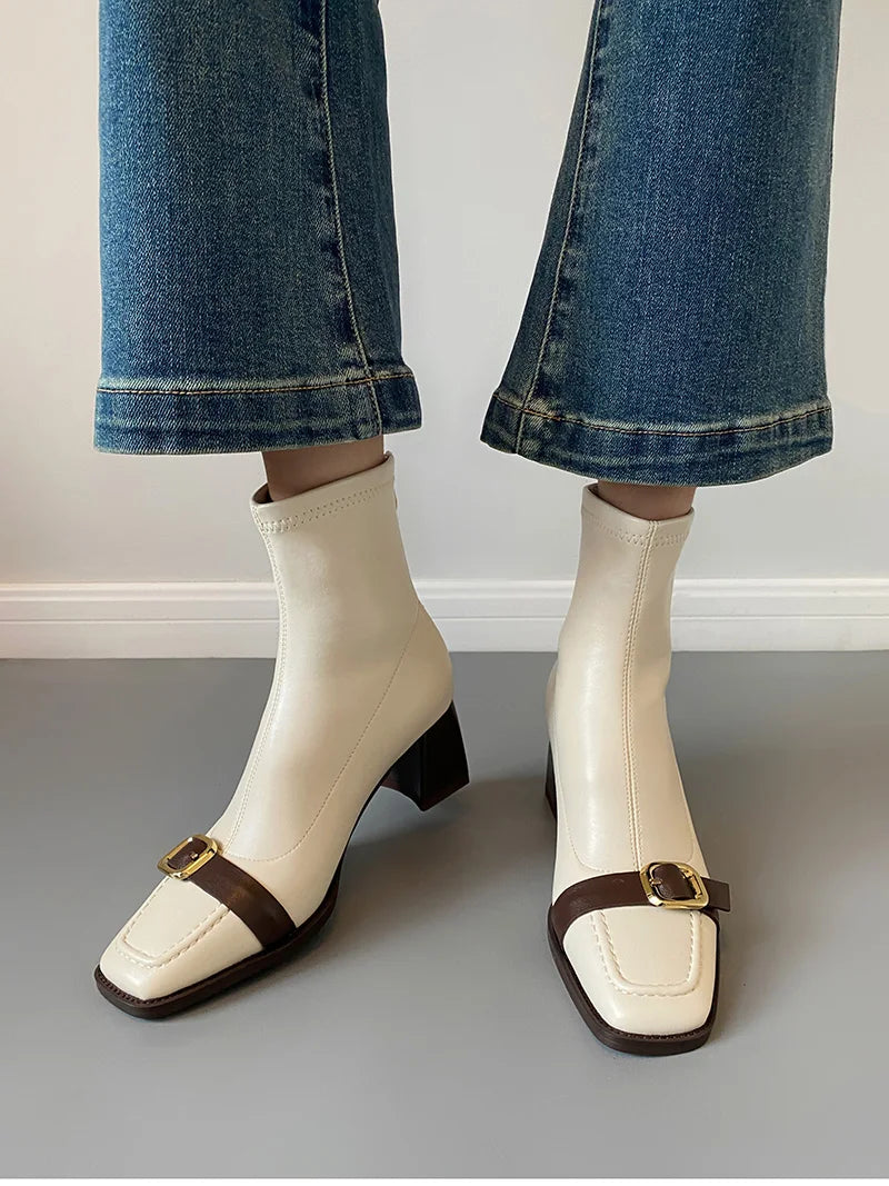 Cyflymder  Vintage Thick Heel Woman Ankle Boot Fashion Belt Buckle Ladies Elastic Slim Short Booties Autumn Winter Women's Shoes