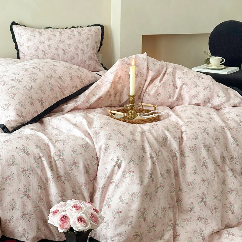 Cyflymder  Korean Princess Floral Ruffles 100% Cotton Double Layer Yarn Soft Bedding Set Single Queen King Duvet Cover Bed Sheet Pillowcase