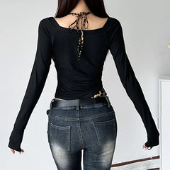 Cyflymder  Women's V Neck Long Sleeve Crop Top Slim Fit Layering Basic Tee Y2K Hot Girl Streetwear Casual Daily Stretchy Tight Blouse
