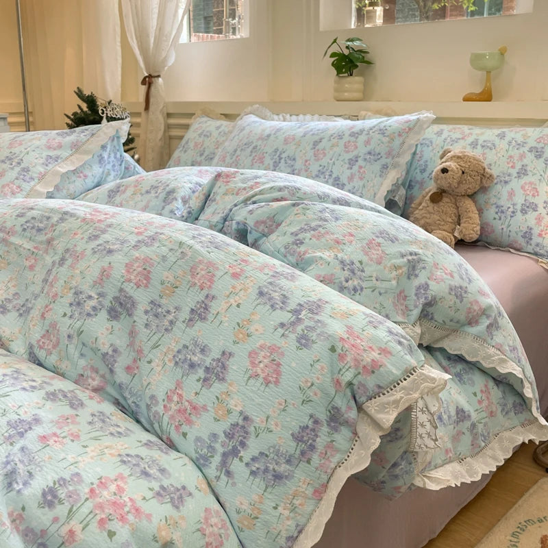 Cyflymder  INS Korean Style 2025 New Yungan Cotton Wrinkled Double-layer Yarn Lace Bedding Sets